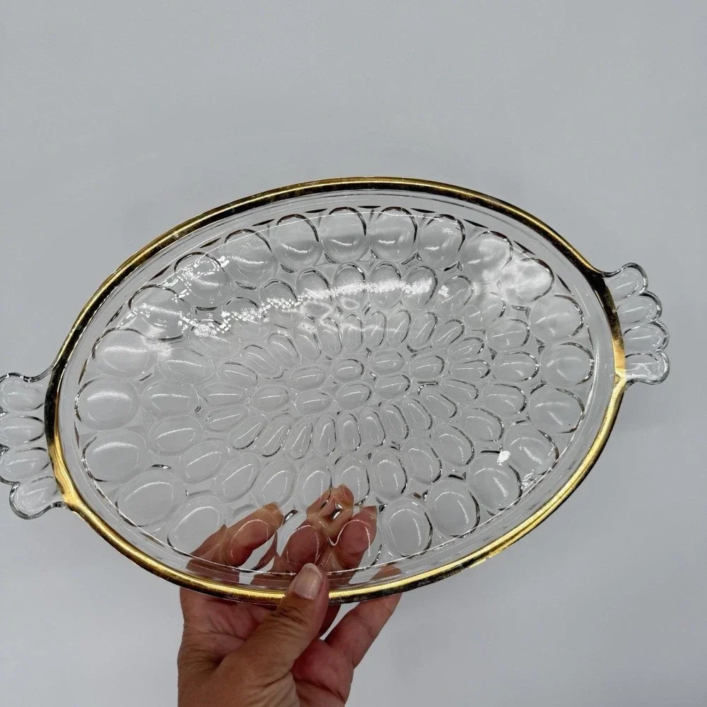 VTG Jeannette Thumbprint Gold Trim Juice Glasses Pitcher Tray Set Mid Century